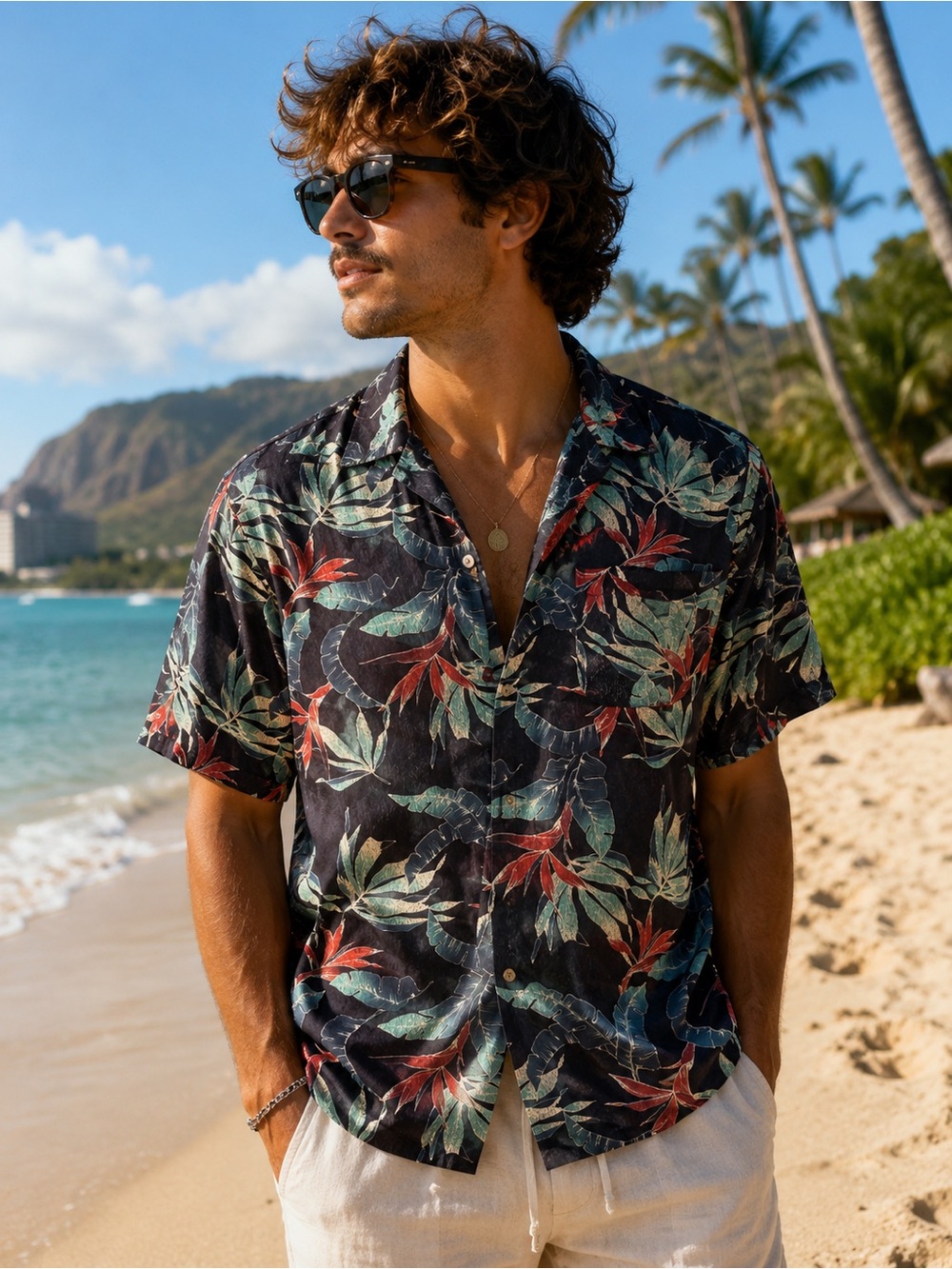 Milano Bay Hawaiian Shirt Floral Woven Aloha Men's Size LG Blues Tropical Print